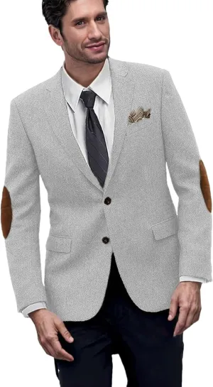 Mens Blazer Vintage Herringbone Tweed Jackets Two Button Sport Coat with Pocket Square with Elbow Patches