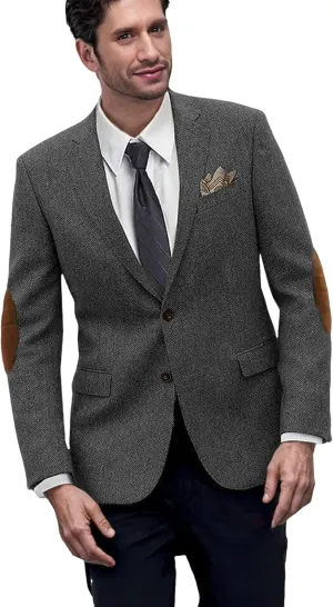 Mens Blazer Vintage Herringbone Tweed Jackets Two Button Sport Coat with Pocket Square with Elbow Patches