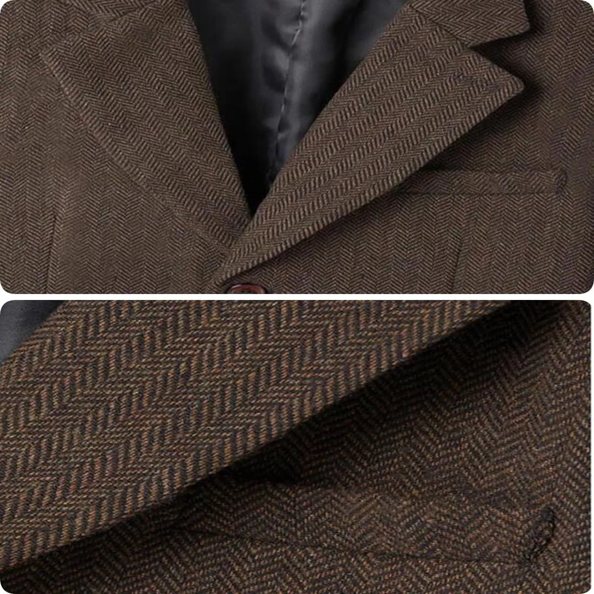 Mens Blazer Vintage Herringbone Tweed Jackets Two Button Sport Coat with Pocket Square with Elbow Patches