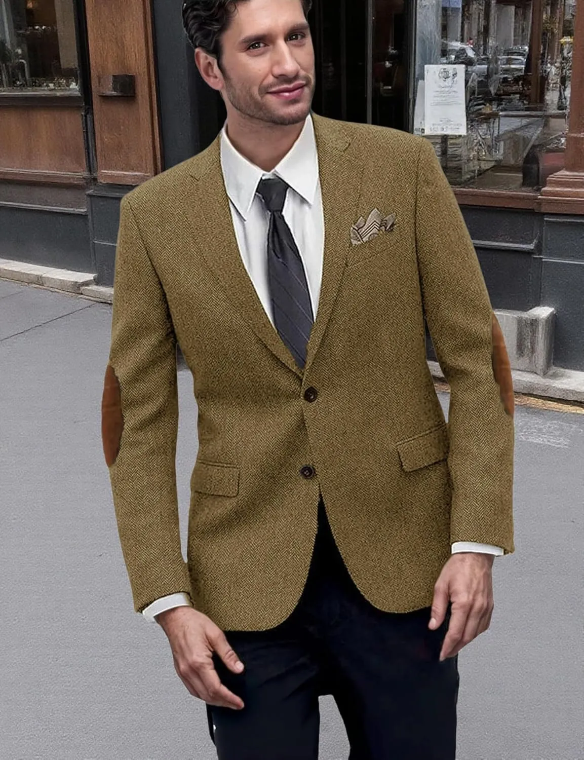 Mens Blazer Vintage Herringbone Tweed Jackets Two Button Sport Coat with Pocket Square with Elbow Patches