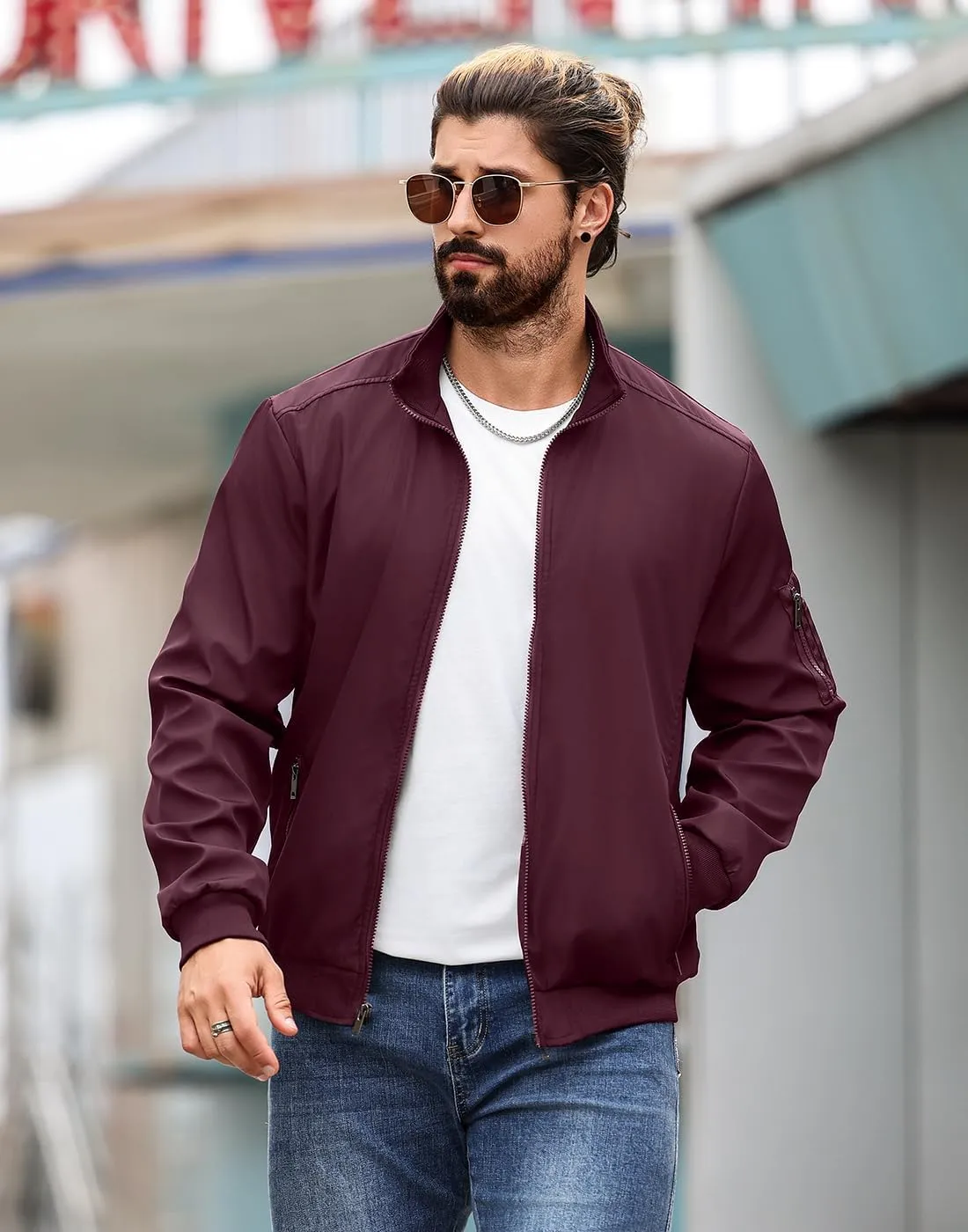 Men's Bomber Jacket Lightweight Casual Windbreaker Jackets Zip Up Coat