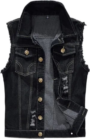 Men's Fit Retro Ripped Denim Vest Sleeveless Motorcycle Biker Jean Vest and Jacket