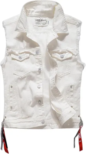 Men's Fit Retro Ripped Denim Vest Sleeveless Motorcycle Biker Jean Vest and Jacket