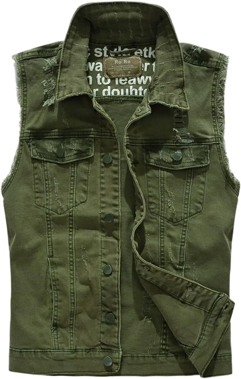 Men's Fit Retro Ripped Denim Vest Sleeveless Motorcycle Biker Jean Vest and Jacket