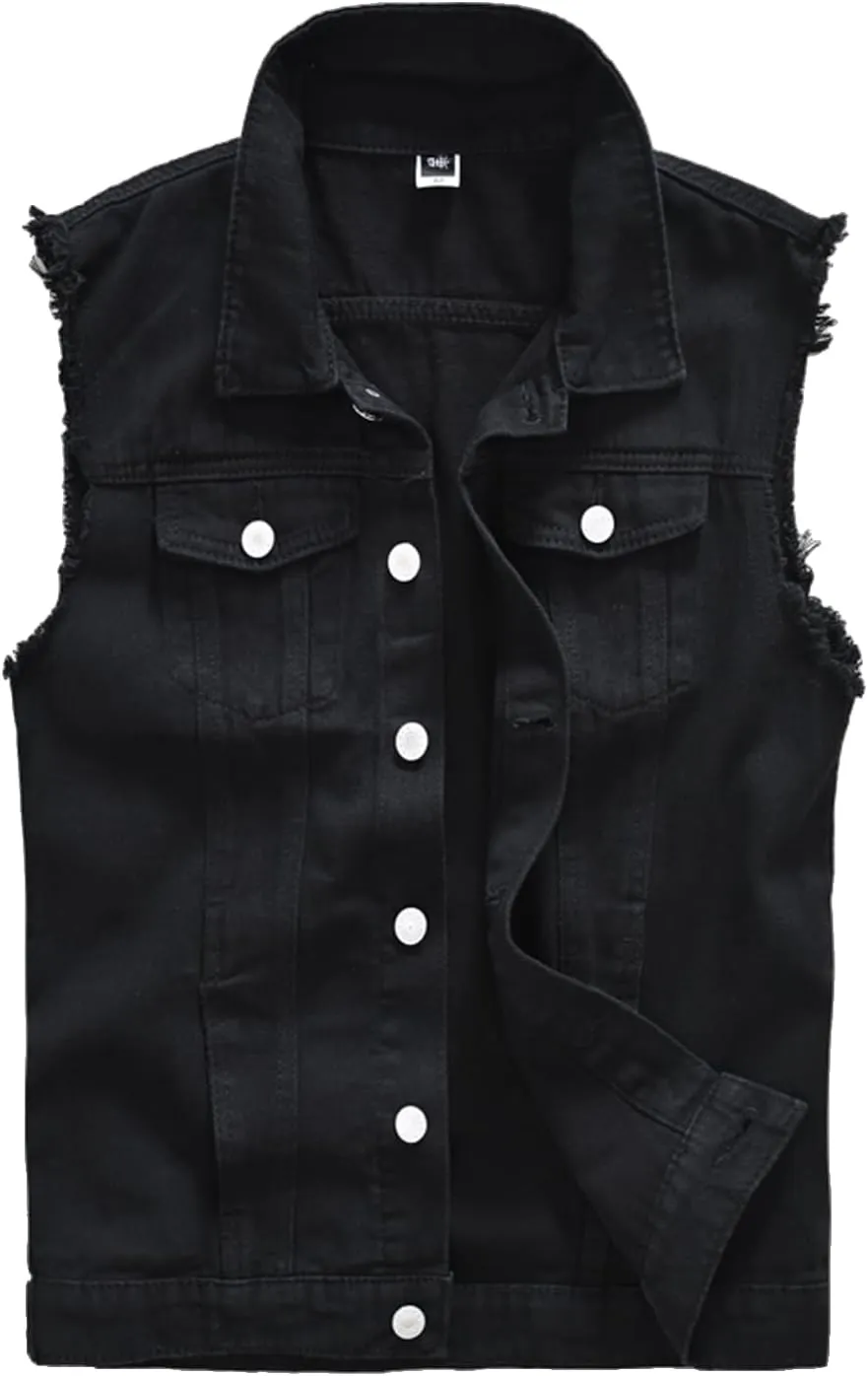 Men's Fit Retro Ripped Denim Vest Sleeveless Motorcycle Biker Jean Vest and Jacket