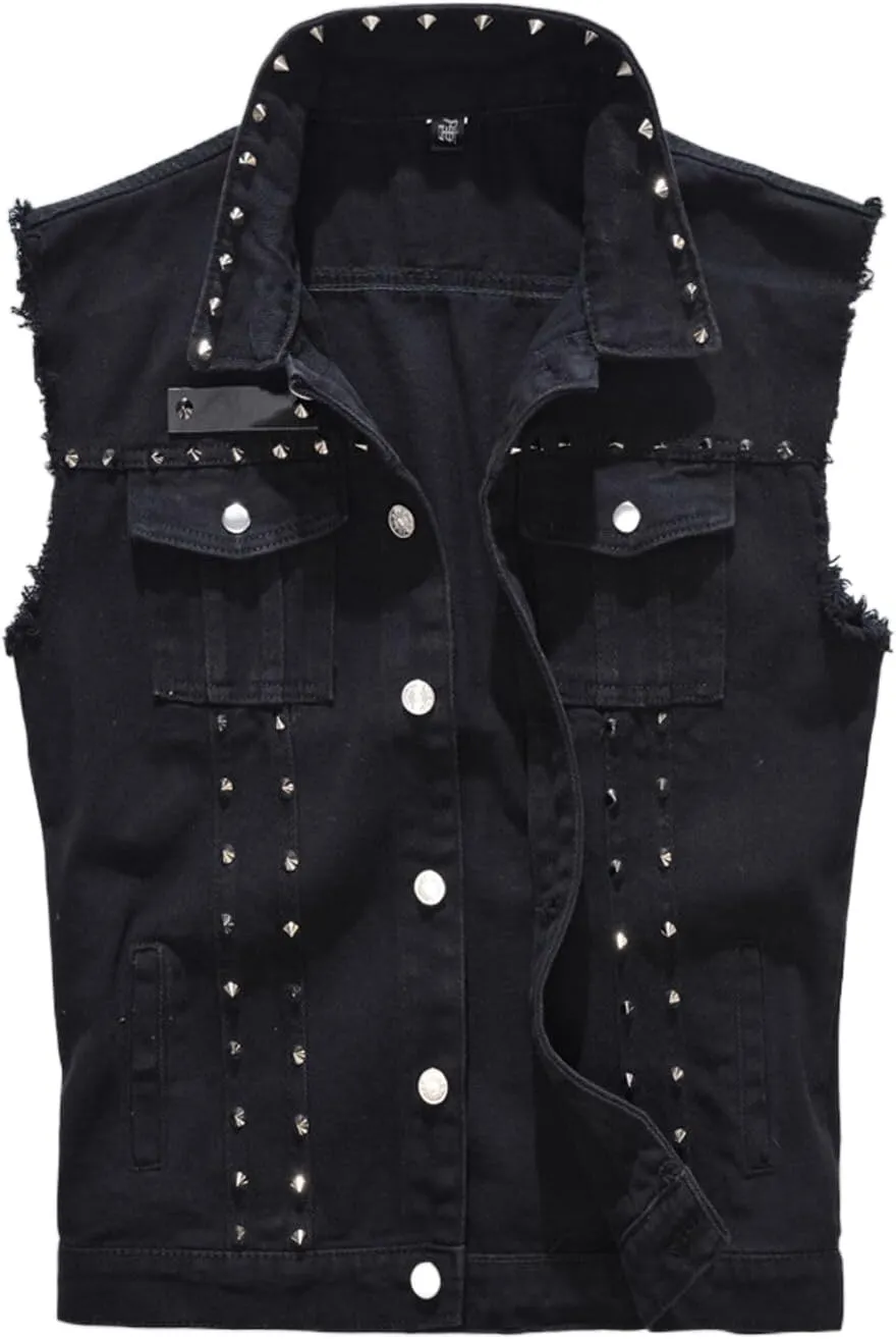 Men's Fit Retro Ripped Denim Vest Sleeveless Motorcycle Biker Jean Vest and Jacket