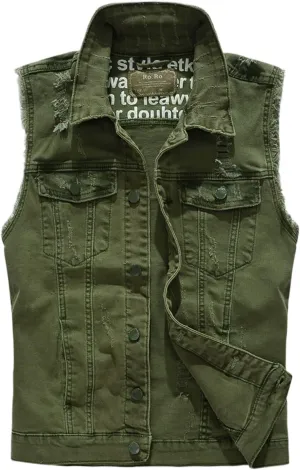 Men's Fit Retro Ripped Denim Vest Sleeveless Motorcycle Biker Jean Vest and Jacket