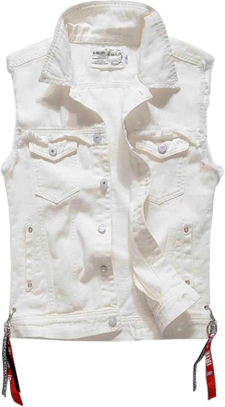 Men's Fit Retro Ripped Denim Vest Sleeveless Motorcycle Biker Jean Vest and Jacket
