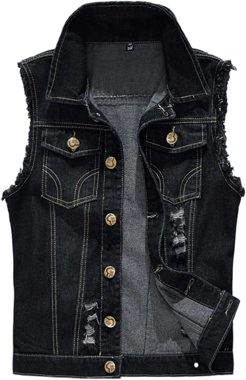 Men's Fit Retro Ripped Denim Vest Sleeveless Motorcycle Biker Jean Vest and Jacket