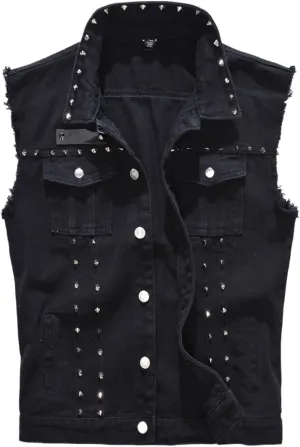 Men's Fit Retro Ripped Denim Vest Sleeveless Motorcycle Biker Jean Vest and Jacket