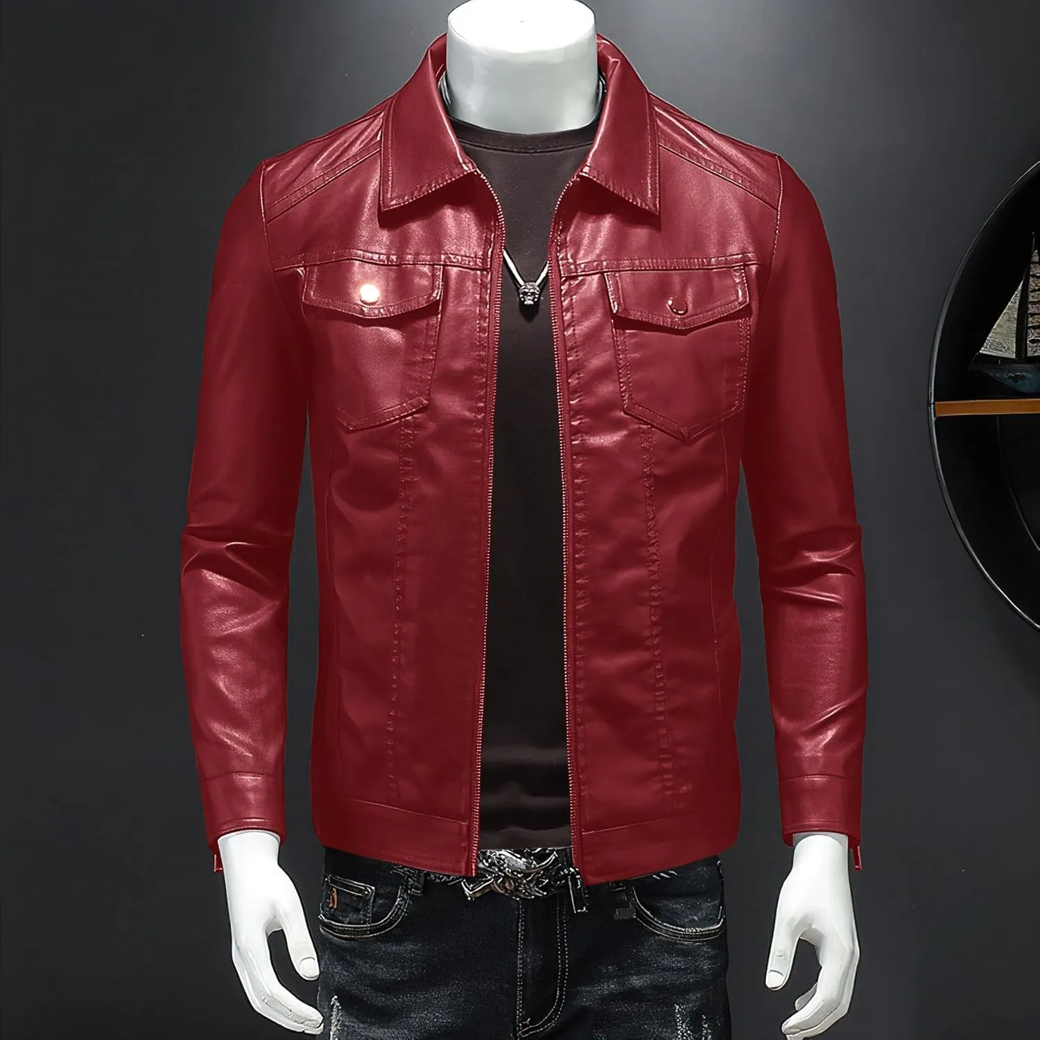 Mens Leather Jacket Motorcycle Black Biker Jackets Vintage Faux Leather Outwear Casual Lightweight