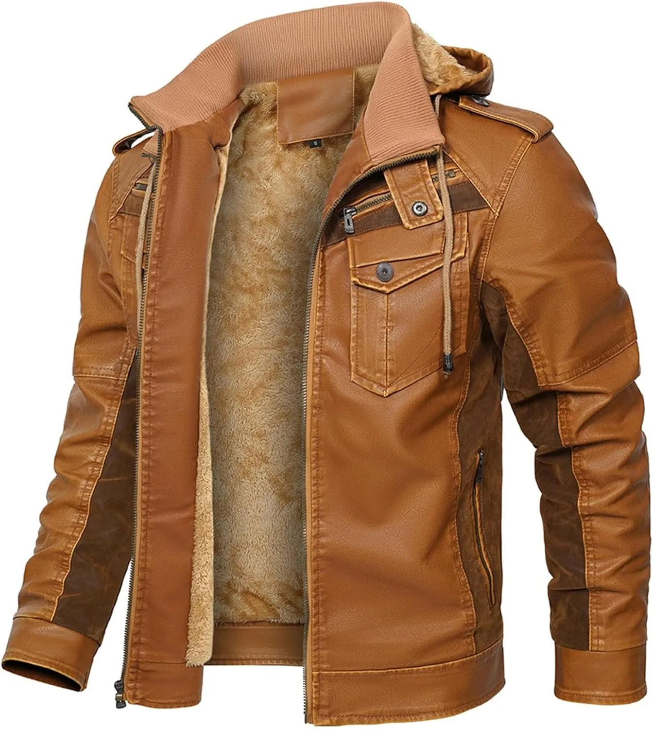 Mens Lightweight Hood Leather Coat Warm Fur Motorcycle PU Jacket Winter Zipper Bomber Leathers Outerwear