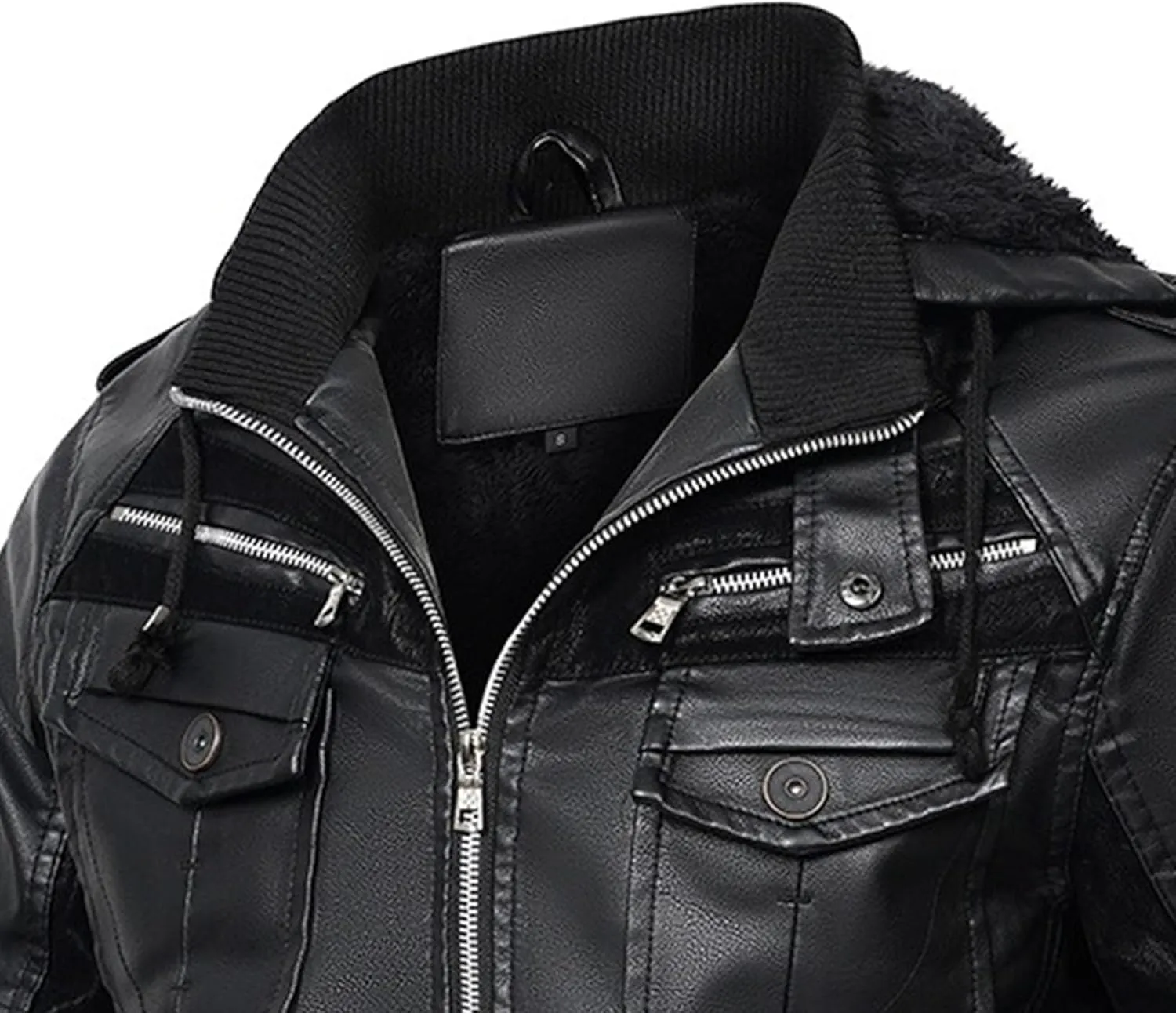 Mens Lightweight Hood Leather Coat Warm Fur Motorcycle PU Jacket Winter Zipper Bomber Leathers Outerwear