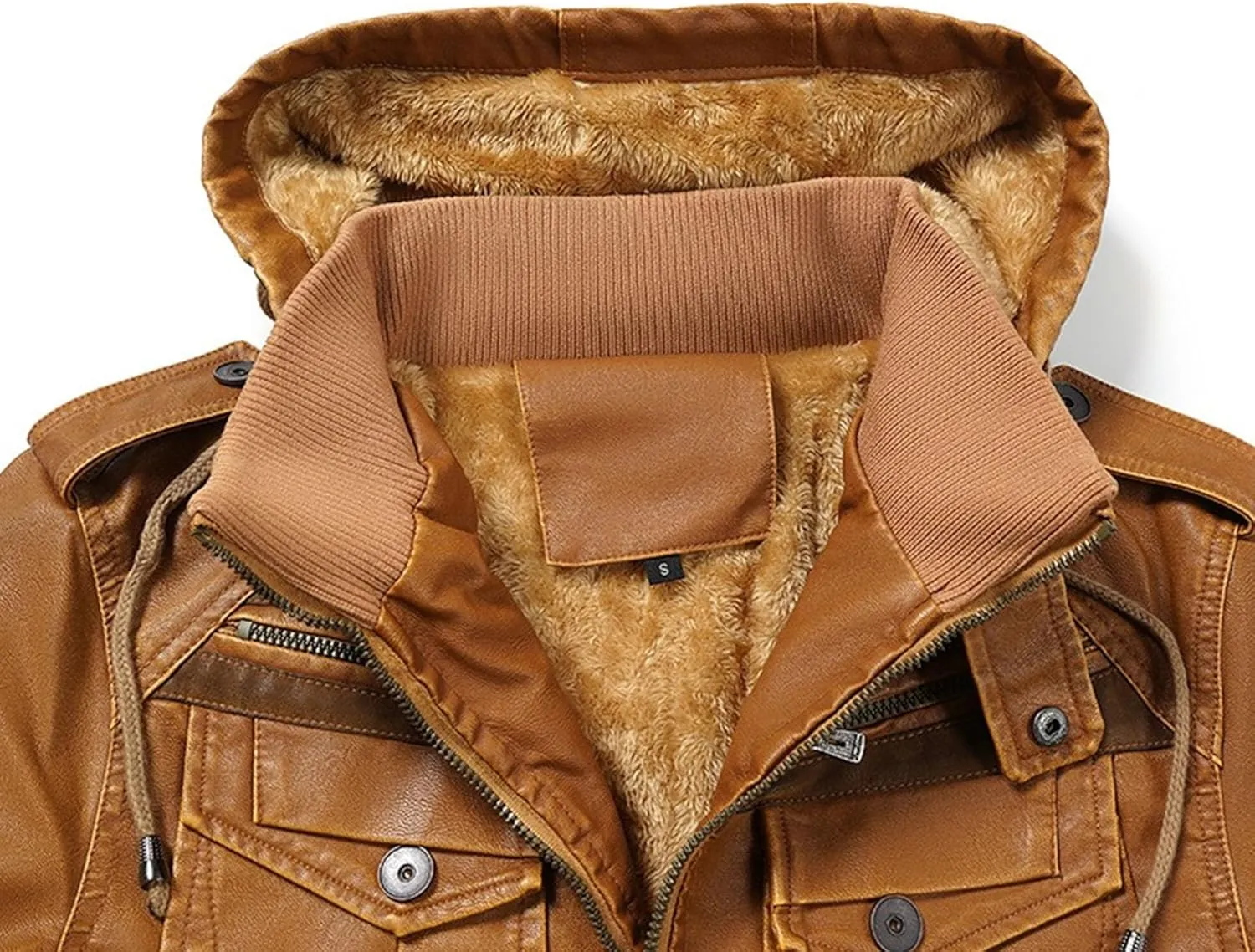 Mens Lightweight Hood Leather Coat Warm Fur Motorcycle PU Jacket Winter Zipper Bomber Leathers Outerwear
