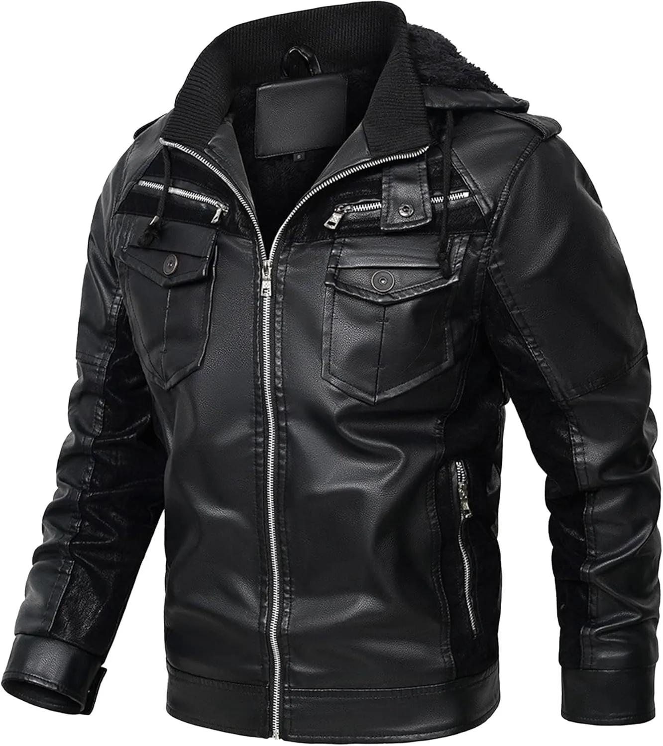 Mens Lightweight Hood Leather Coat Warm Fur Motorcycle PU Jacket Winter Zipper Bomber Leathers Outerwear