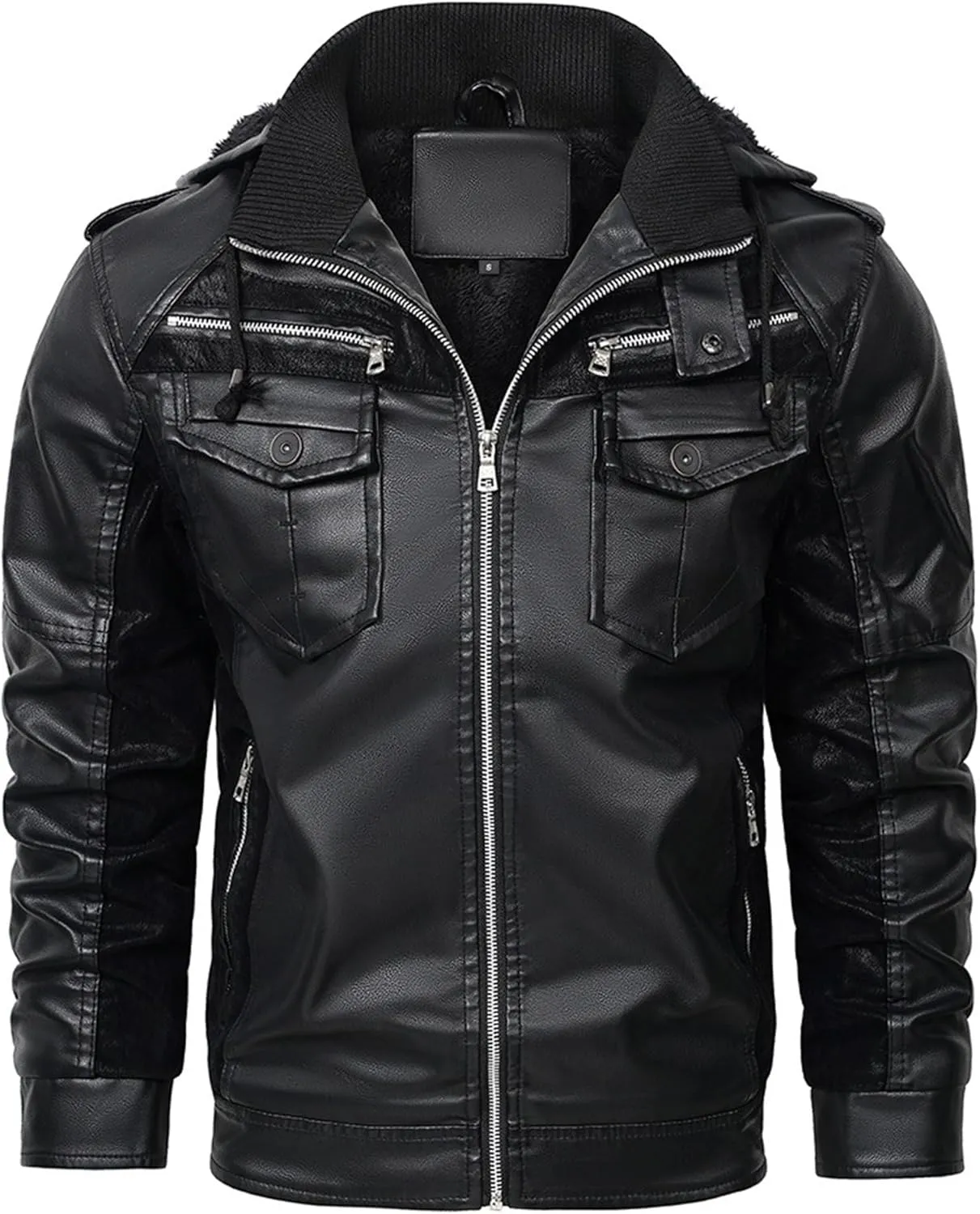 Mens Lightweight Hood Leather Coat Warm Fur Motorcycle PU Jacket Winter Zipper Bomber Leathers Outerwear