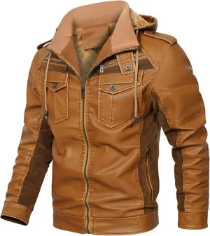 Mens Lightweight Hood Leather Coat Warm Fur Motorcycle PU Jacket Winter Zipper Bomber Leathers Outerwear