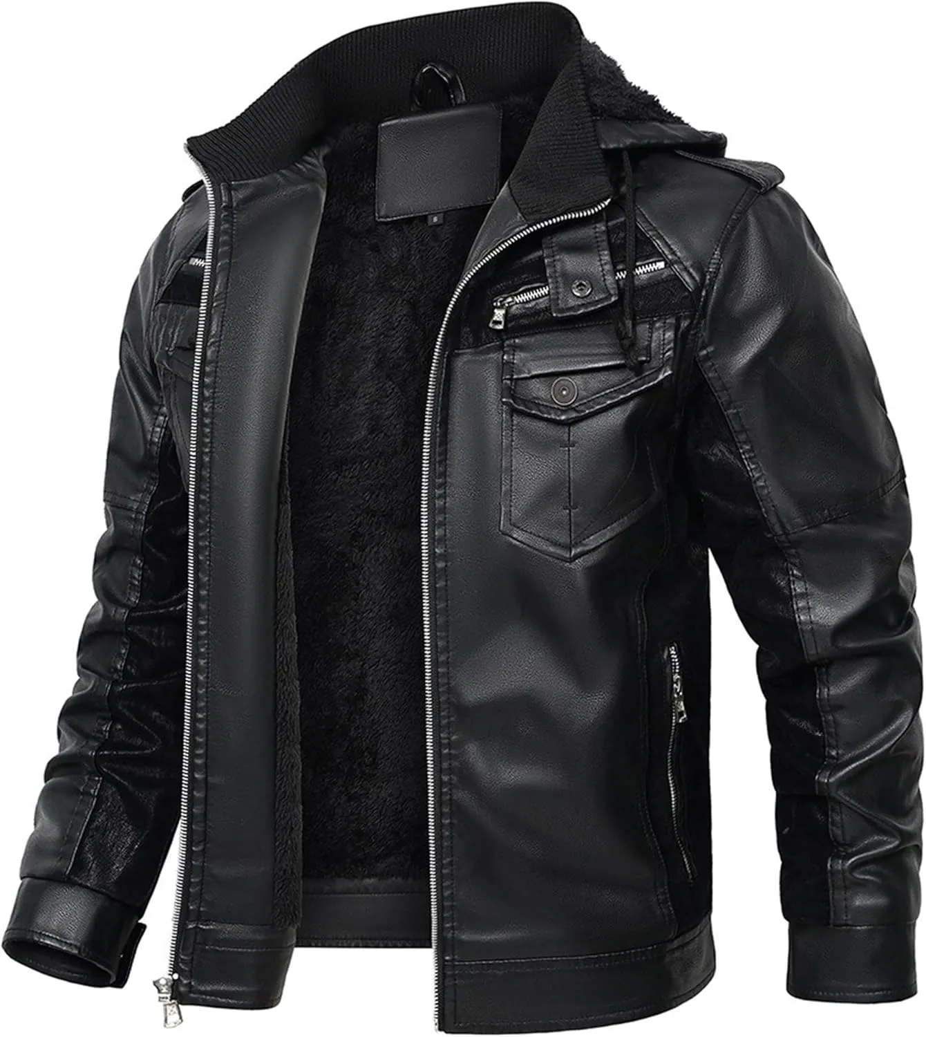 Mens Lightweight Hood Leather Coat Warm Fur Motorcycle PU Jacket Winter Zipper Bomber Leathers Outerwear