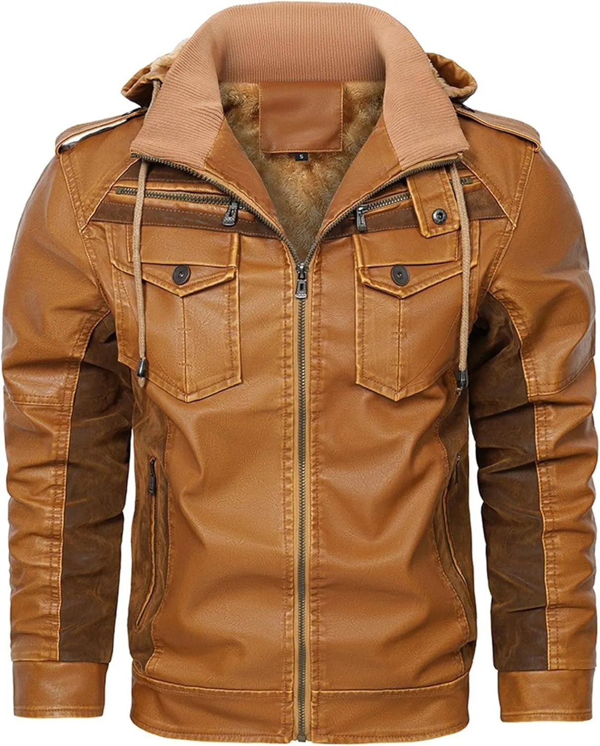 Mens Lightweight Hood Leather Coat Warm Fur Motorcycle PU Jacket Winter Zipper Bomber Leathers Outerwear