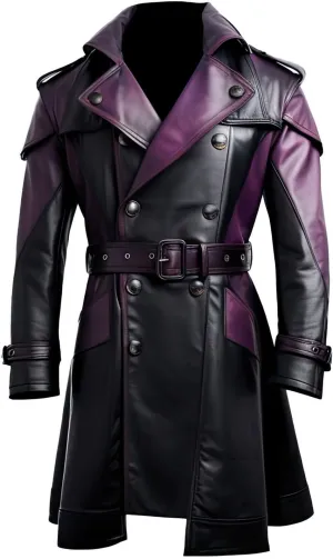 Mens Plum Black Genuine Sheepskin Trench Coat with Crossover Notched Lapel Collar and Belted Slim Fit