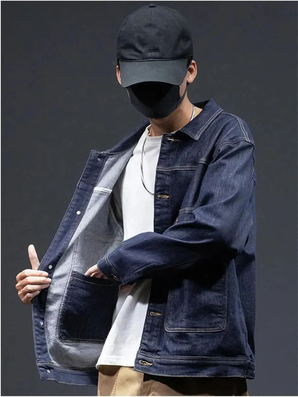Men's Plus Size Loose Fit Denim Jacket Turn-Down Collar Single Breasted Multi-Pocket Elastic Lapel Casual Style Denim Jacket