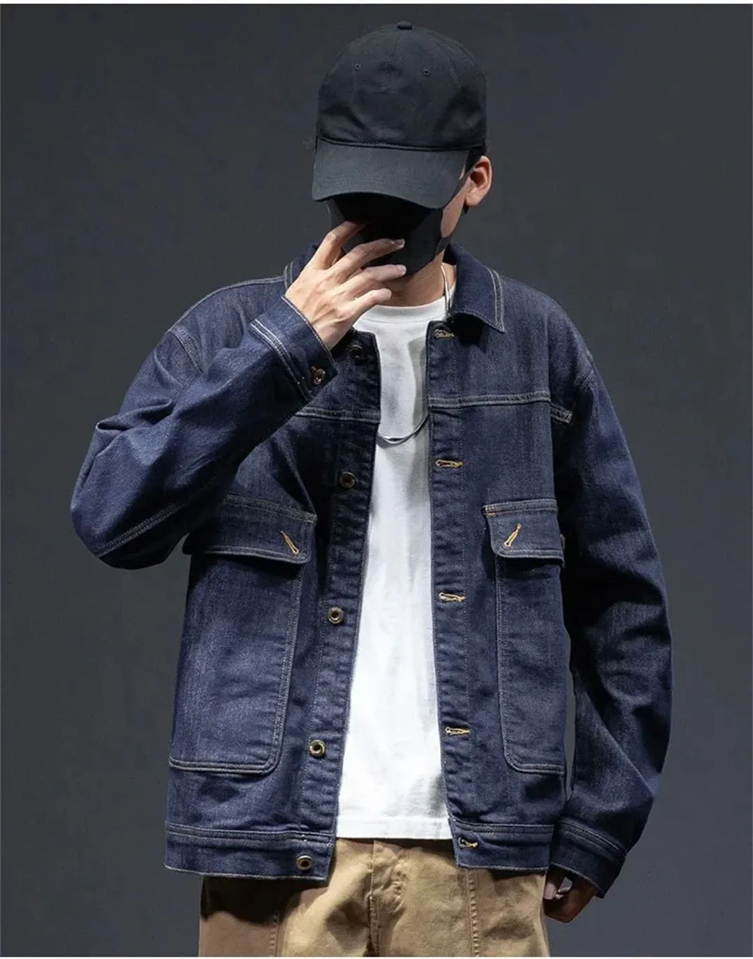 Men's Plus Size Loose Fit Denim Jacket Turn-Down Collar Single Breasted Multi-Pocket Elastic Lapel Casual Style Denim Jacket