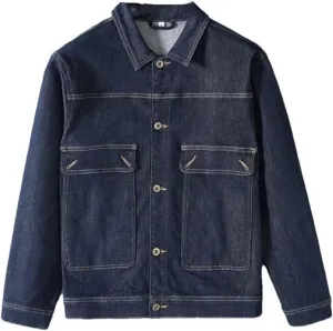 Men's Plus Size Loose Fit Denim Jacket Turn-Down Collar Single Breasted Multi-Pocket Elastic Lapel Casual Style Denim Jacket