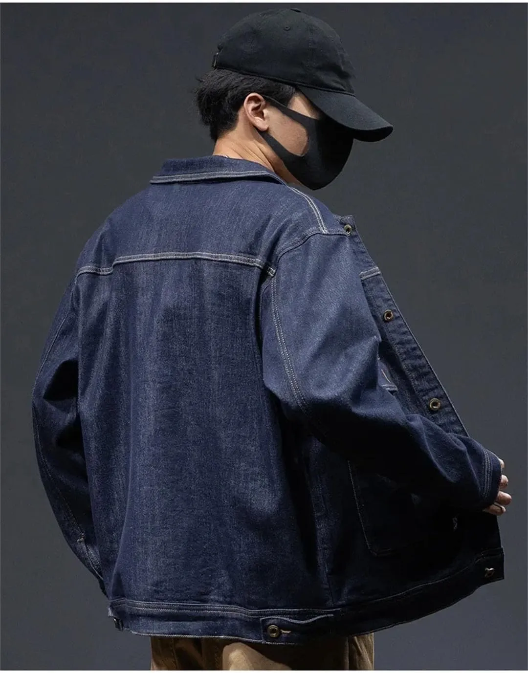 Men's Plus Size Loose Fit Denim Jacket Turn-Down Collar Single Breasted Multi-Pocket Elastic Lapel Casual Style Denim Jacket