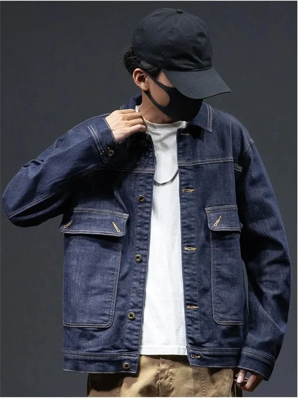 Men's Plus Size Loose Fit Denim Jacket Turn-Down Collar Single Breasted Multi-Pocket Elastic Lapel Casual Style Denim Jacket