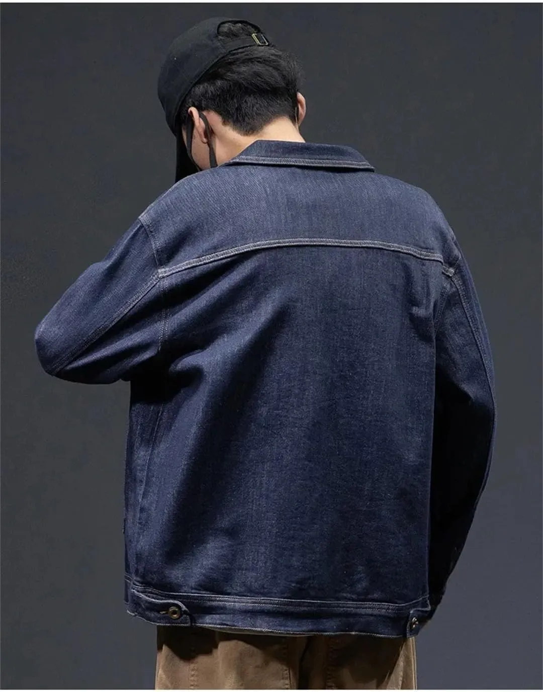 Men's Plus Size Loose Fit Denim Jacket Turn-Down Collar Single Breasted Multi-Pocket Elastic Lapel Casual Style Denim Jacket