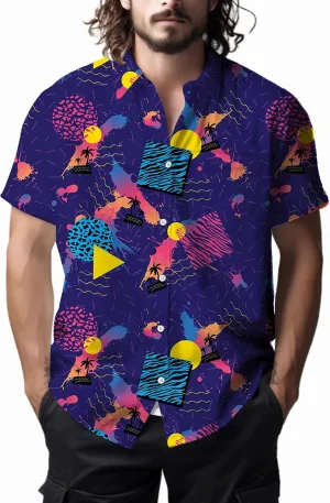Mens Shirts 80s 90s Shirts for Men Casual Button Down Short Sleeve Shirt, Funny Party Quick Dry Mens Clothing