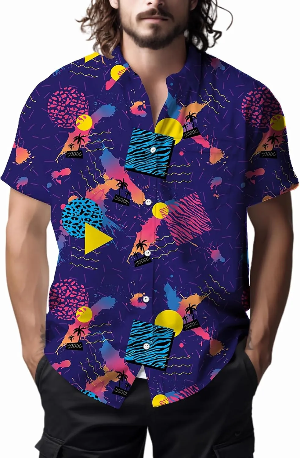 Mens Shirts 80s 90s Shirts for Men Casual Button Down Short Sleeve Shirt, Funny Party Quick Dry Mens Clothing