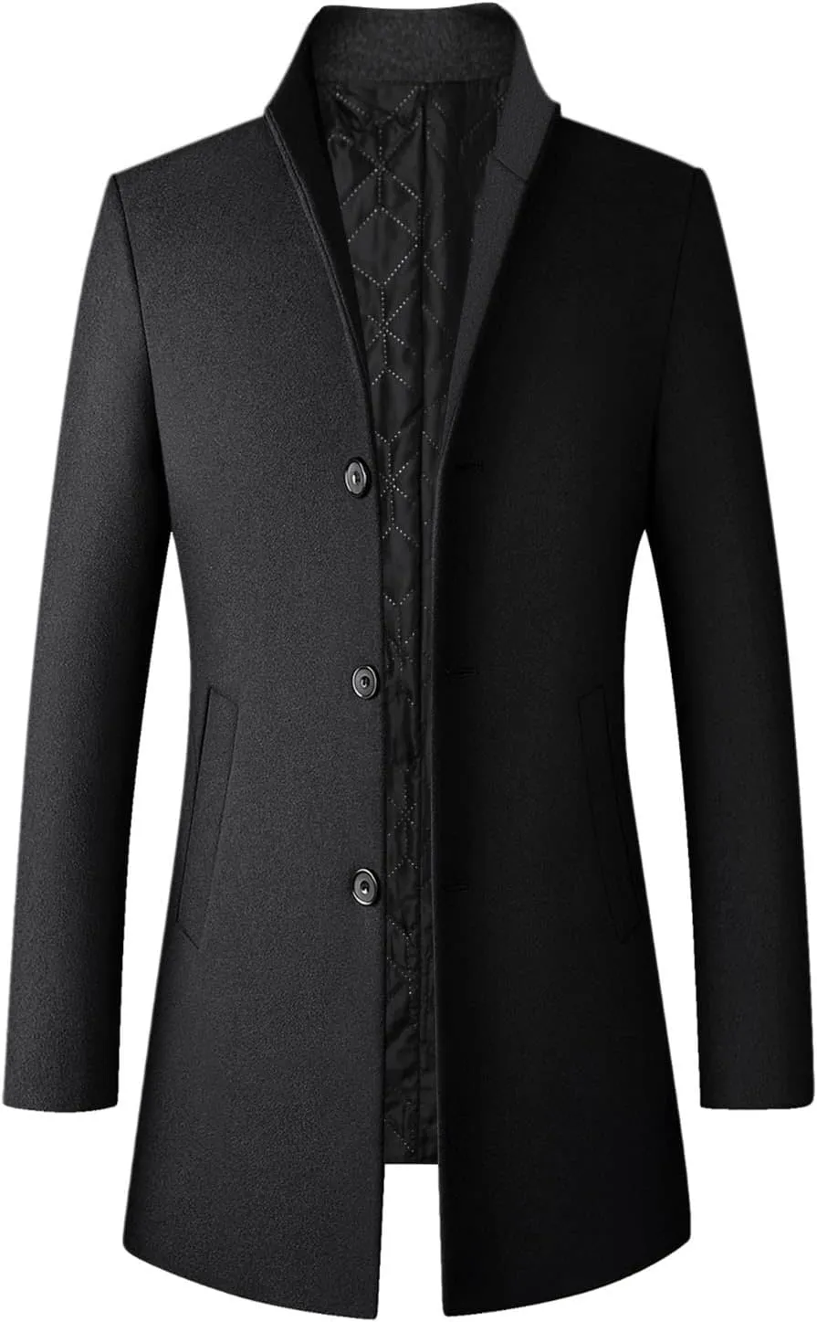 Men's Single Breasted Trench Coat Button Down Overcoat Warm Dress Pea Coats