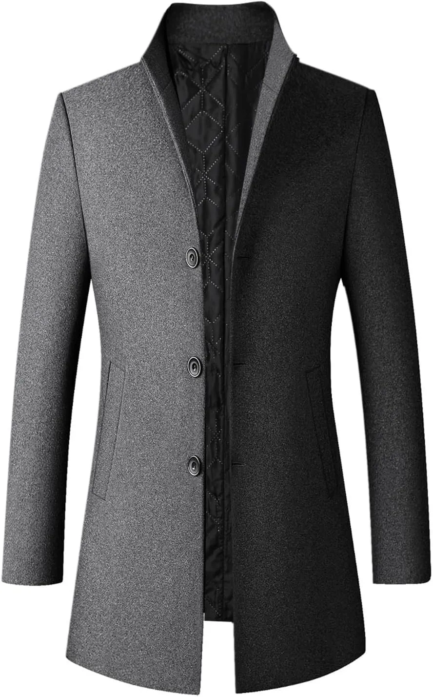 Men's Single Breasted Trench Coat Button Down Overcoat Warm Dress Pea Coats