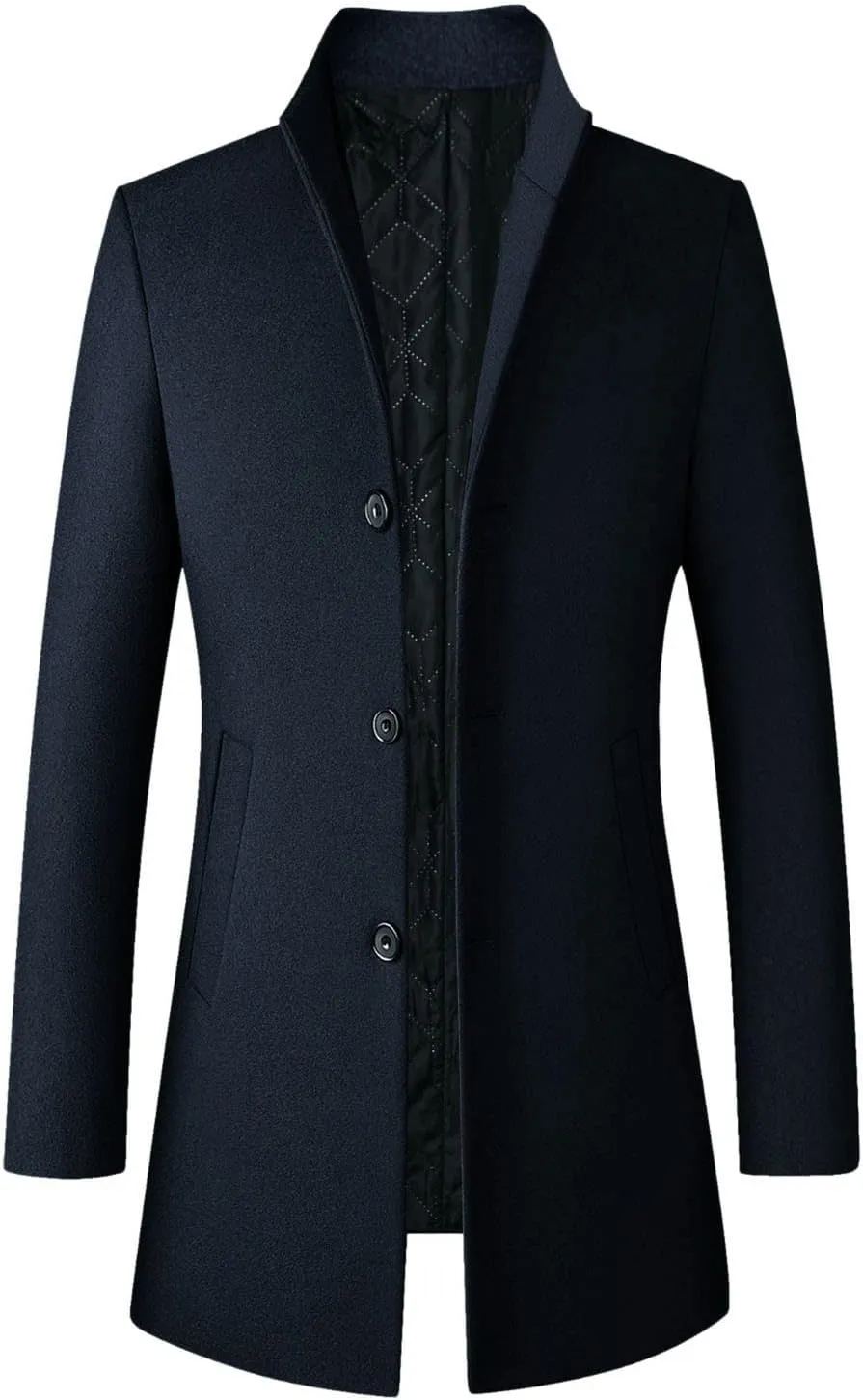 Men's Single Breasted Trench Coat Button Down Overcoat Warm Dress Pea Coats
