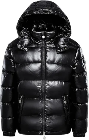Men's Thermal Shiny Hooded Down Jacket,Warm Metallic Down Coats WaterResistant Down Coats Insulated Padded Puffy