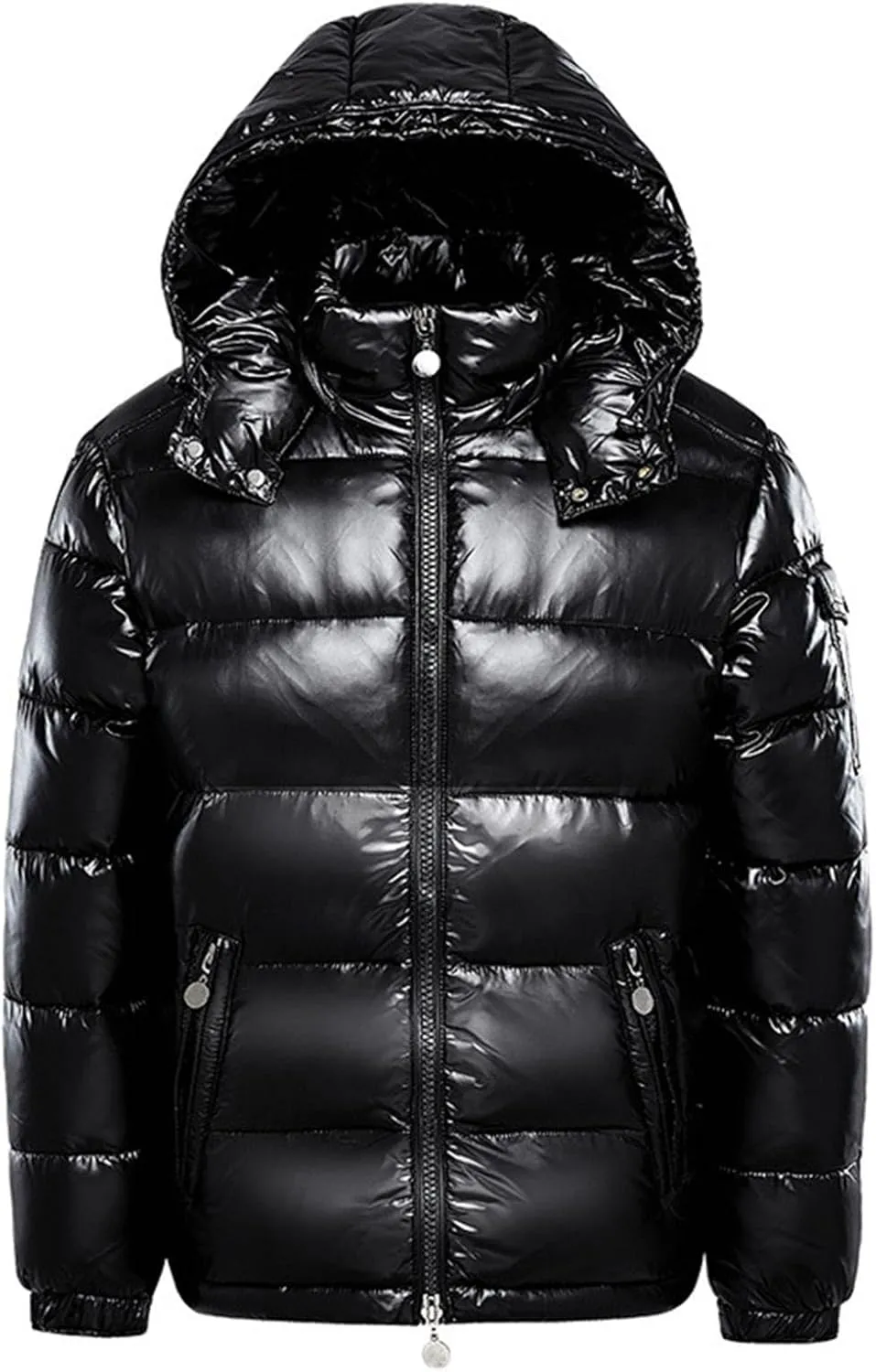 Men's Thermal Shiny Hooded Down Jacket,Warm Metallic Down Coats WaterResistant Down Coats Insulated Padded Puffy