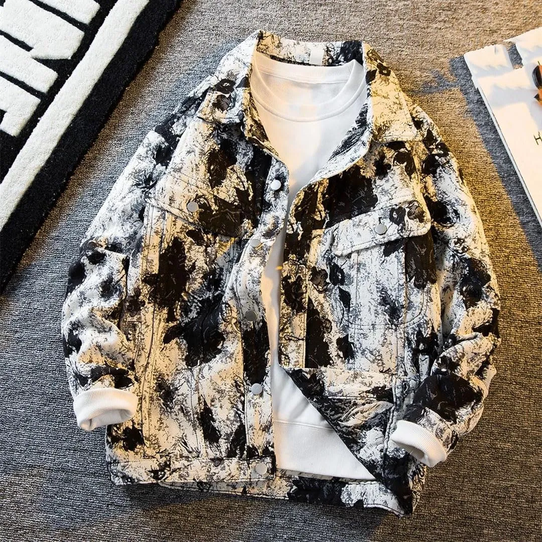 Men's Tie-Dye Denim Jacket Turn-Down Collar Single Breasted Loose Fit High Street Casual Workwear Denim Jacket