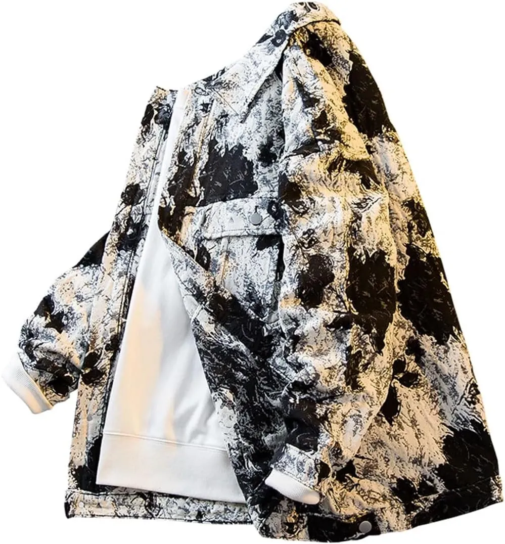 Men's Tie-Dye Denim Jacket Turn-Down Collar Single Breasted Loose Fit High Street Casual Workwear Denim Jacket