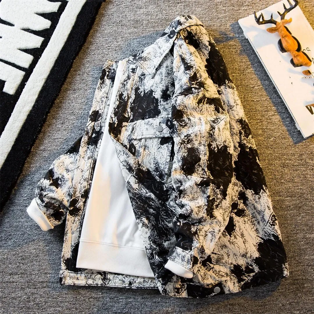 Men's Tie-Dye Denim Jacket Turn-Down Collar Single Breasted Loose Fit High Street Casual Workwear Denim Jacket