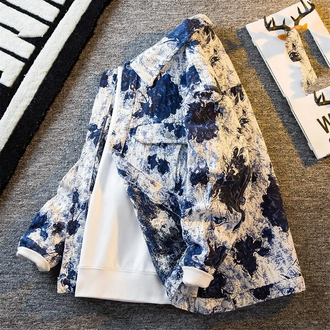 Men's Tie-Dye Denim Jacket Turn-Down Collar Single Breasted Loose Fit High Street Casual Workwear Denim Jacket