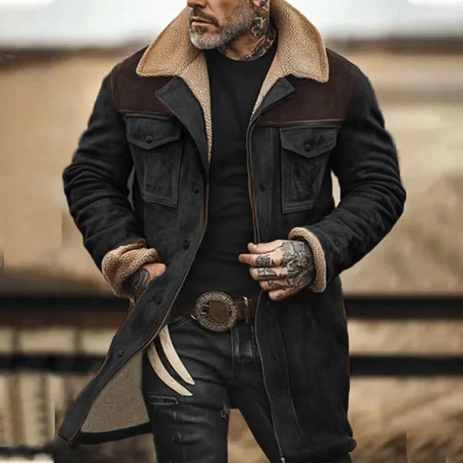 Men's Vintage Suede Jacket Plush Collar Coats Faux Leather Jacket Men Zip Up Motorcycle Jacket Coats Retro Tops