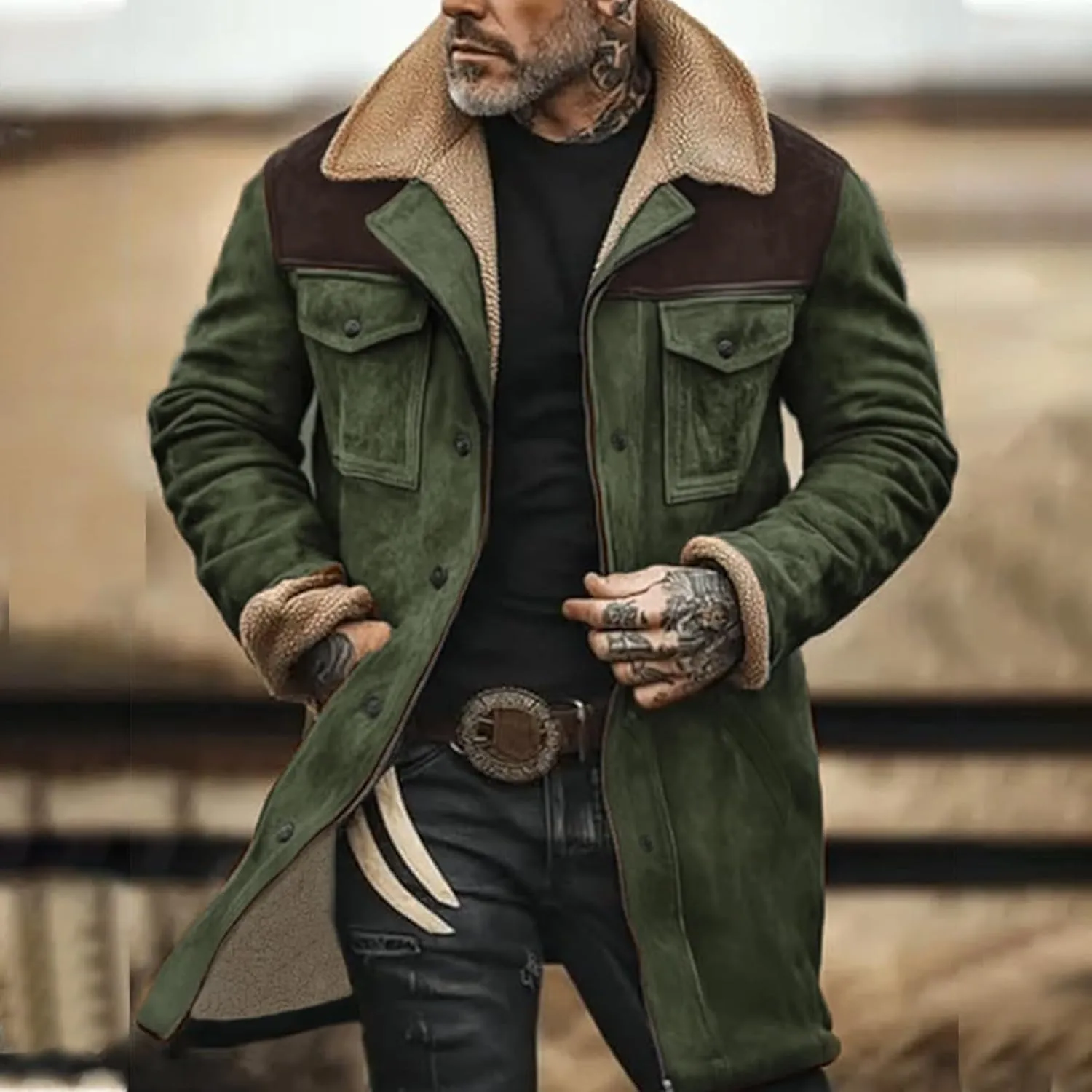 Men's Vintage Suede Jacket Plush Collar Coats Faux Leather Jacket Men Zip Up Motorcycle Jacket Coats Retro Tops