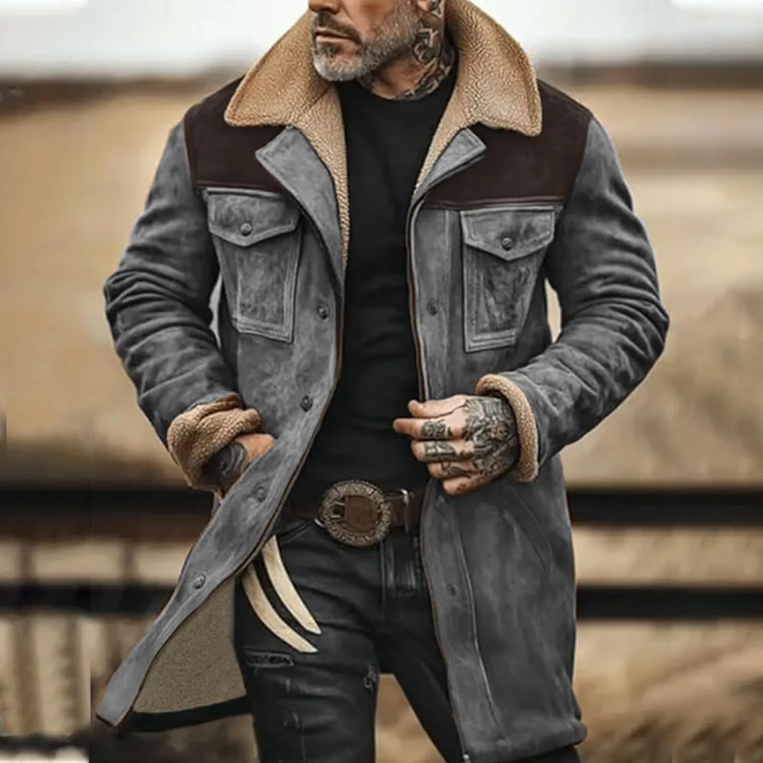 Men's Vintage Suede Jacket Plush Collar Coats Faux Leather Jacket Men Zip Up Motorcycle Jacket Coats Retro Tops