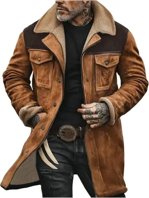 Men's Vintage Suede Jacket Plush Collar Coats Faux Leather Jacket Men Zip Up Motorcycle Jacket Coats Retro Tops