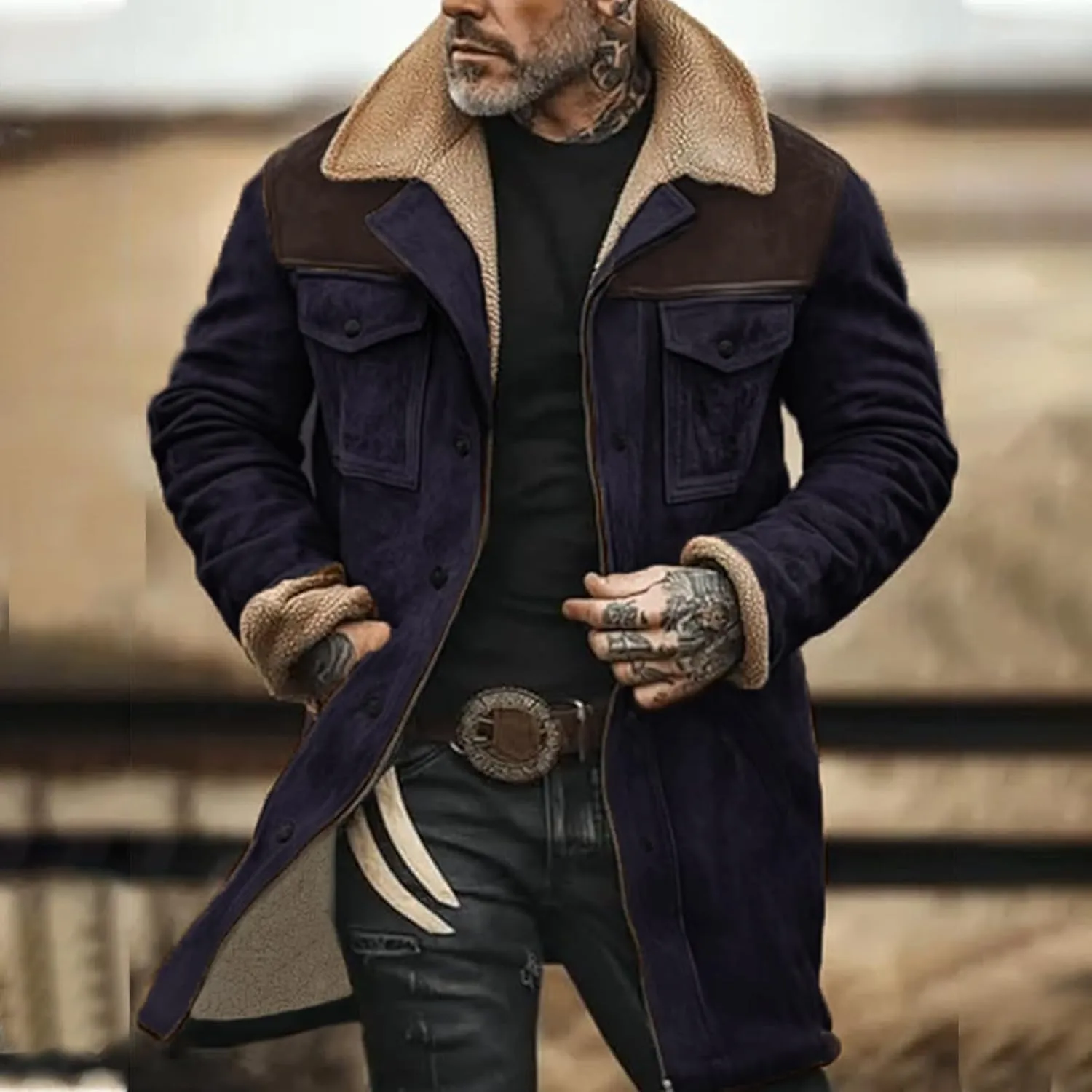 Men's Vintage Suede Jacket Plush Collar Coats Faux Leather Jacket Men Zip Up Motorcycle Jacket Coats Retro Tops