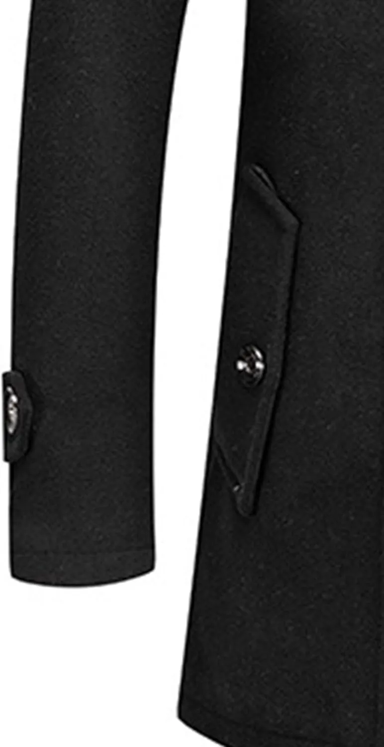 Mens Winter Thicken Wool Jacket Woolen Trench Coat with Detachable Scarf Notched Collar Single Breasted Pea Coats