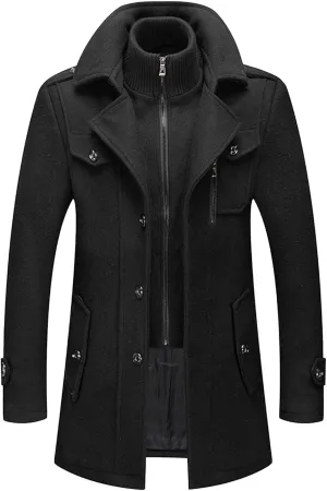 Mens Winter Thicken Wool Jacket Woolen Trench Coat with Detachable Scarf Notched Collar Single Breasted Pea Coats