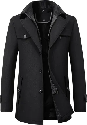 Mens Winter Thicken Wool Jacket Woolen Trench Coat with Detachable Scarf Notched Collar Single Breasted Pea Coats