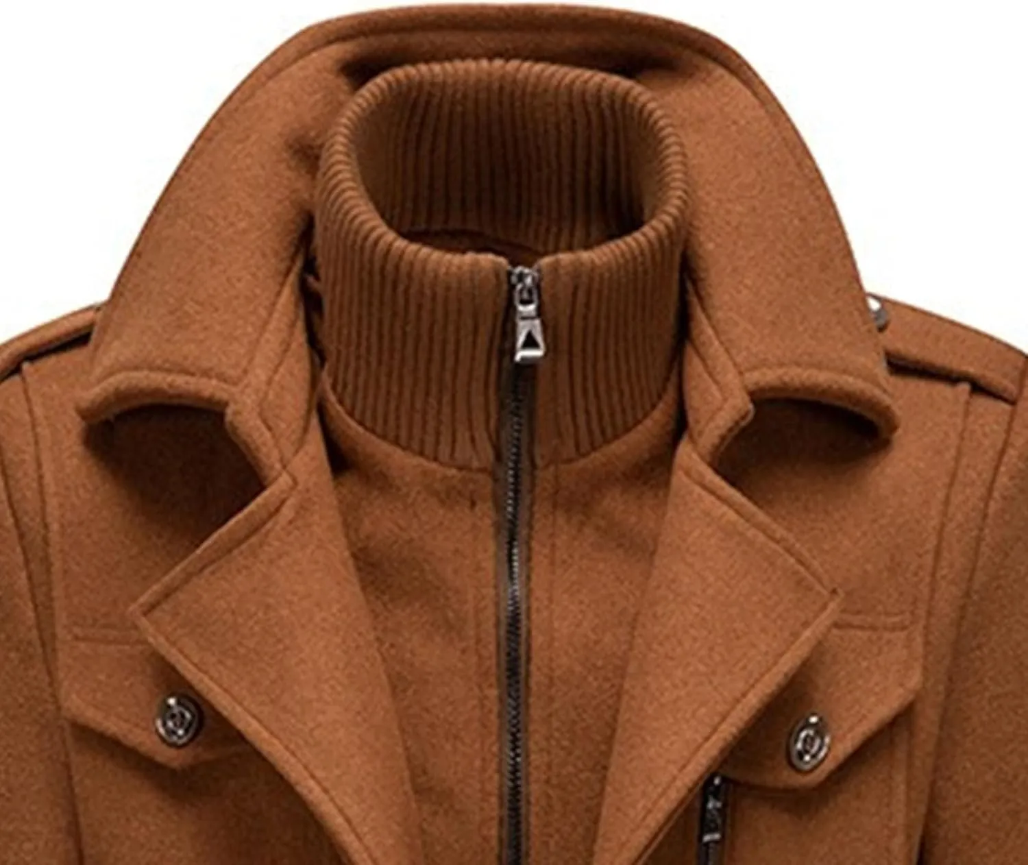 Mens Winter Thicken Wool Jacket Woolen Trench Coat with Detachable Scarf Notched Collar Single Breasted Pea Coats